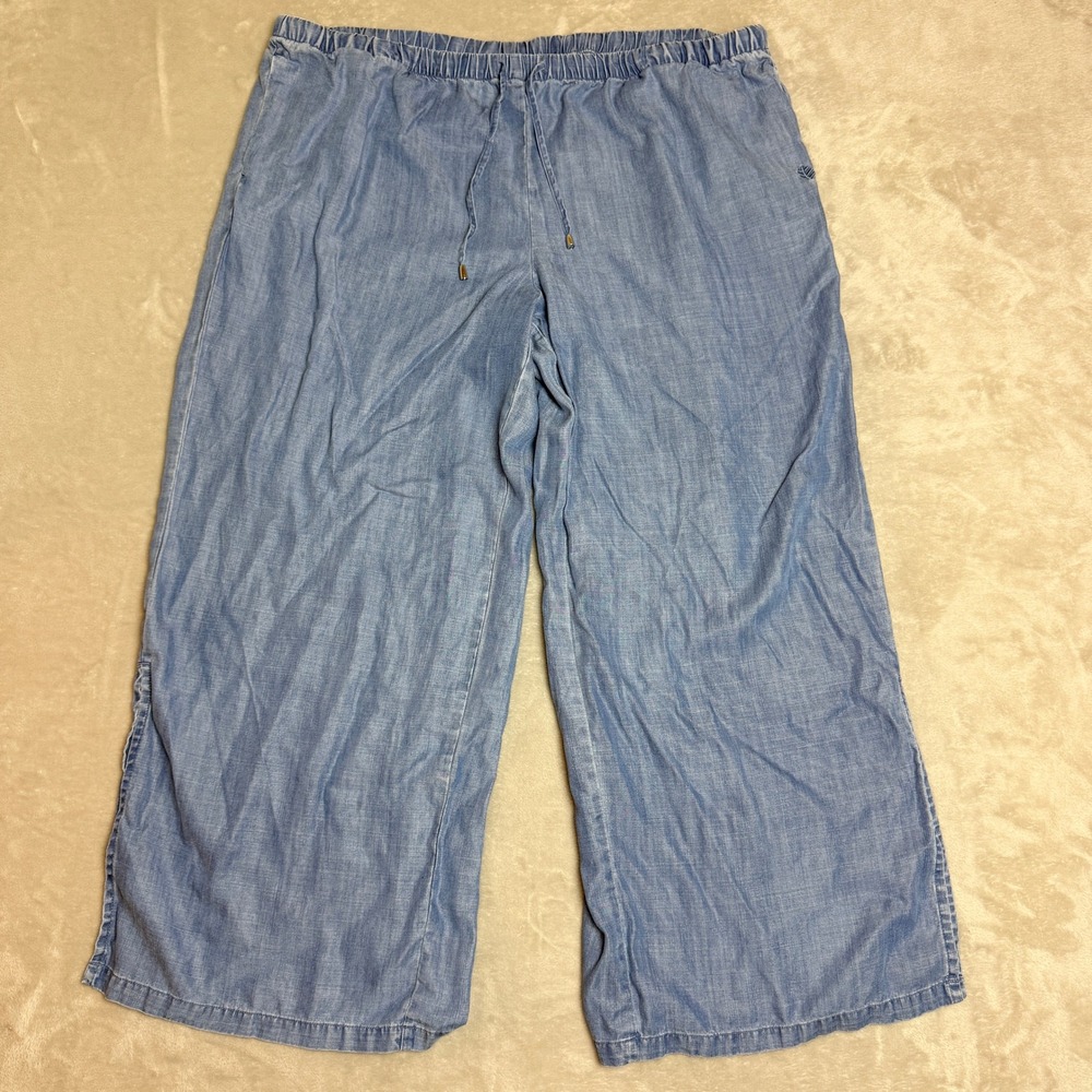 Coolibar Enclave Wide Leg Pants Women XXL Blue Slit Hem Chambray Coastal UPF 50+